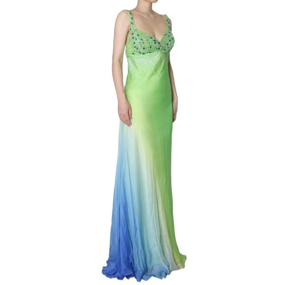 vtg Georgette Silk US 8 M Gemstone Beaded Cross Back Prom Gown Cocktail Dress - Picture 3 of 6